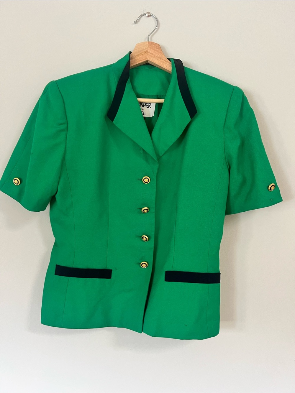 Green Short-Sleeve Blazer Jacket with Navy Trim